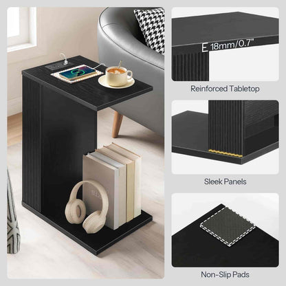 Black side table with books, headphones, and a cup in a room setting, with close-up details of the table.