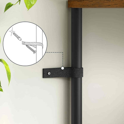 Black metal bracket attached to a vertical pole with a close-up inset showing its mechanism.