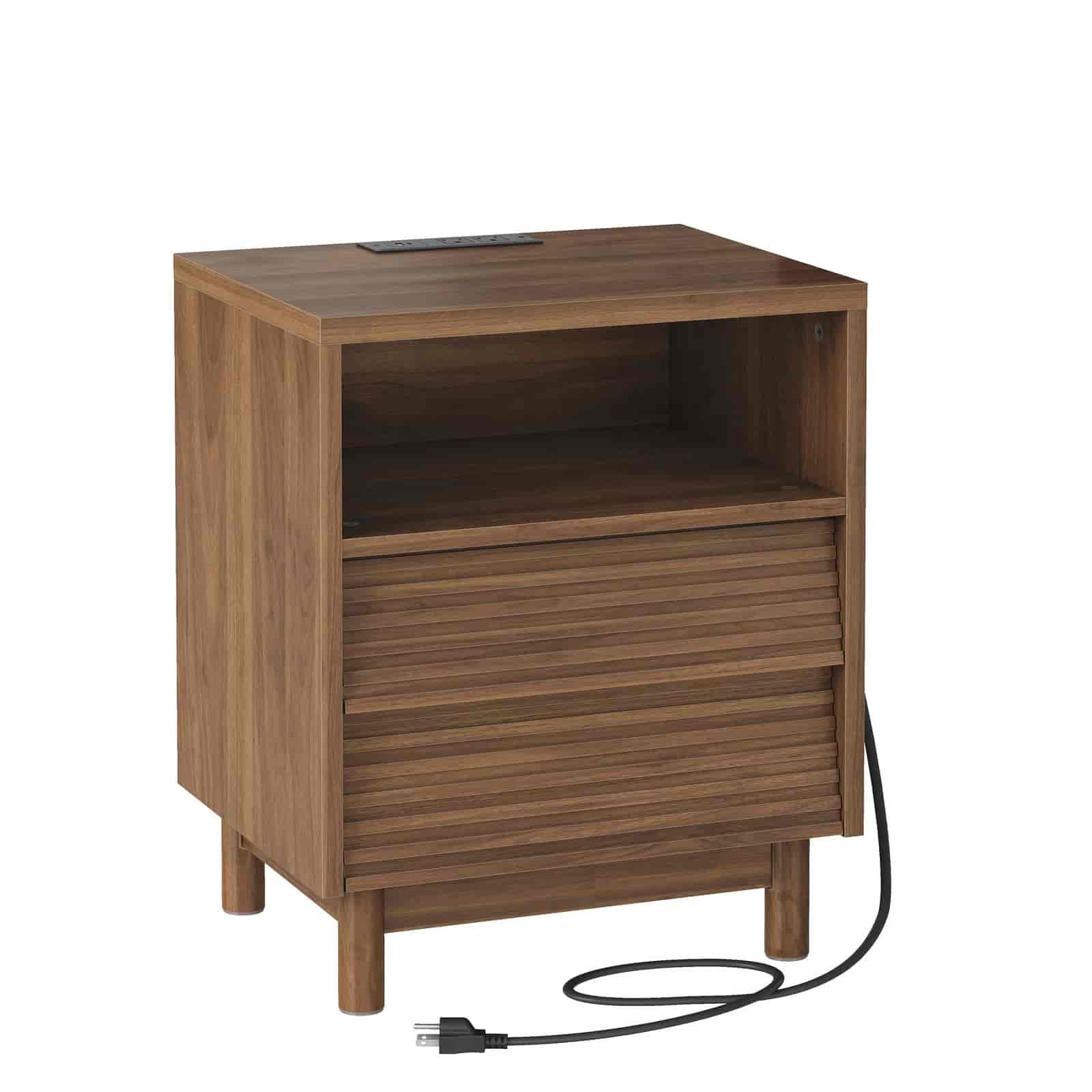 Wooden nightstand with a power cord on a white background