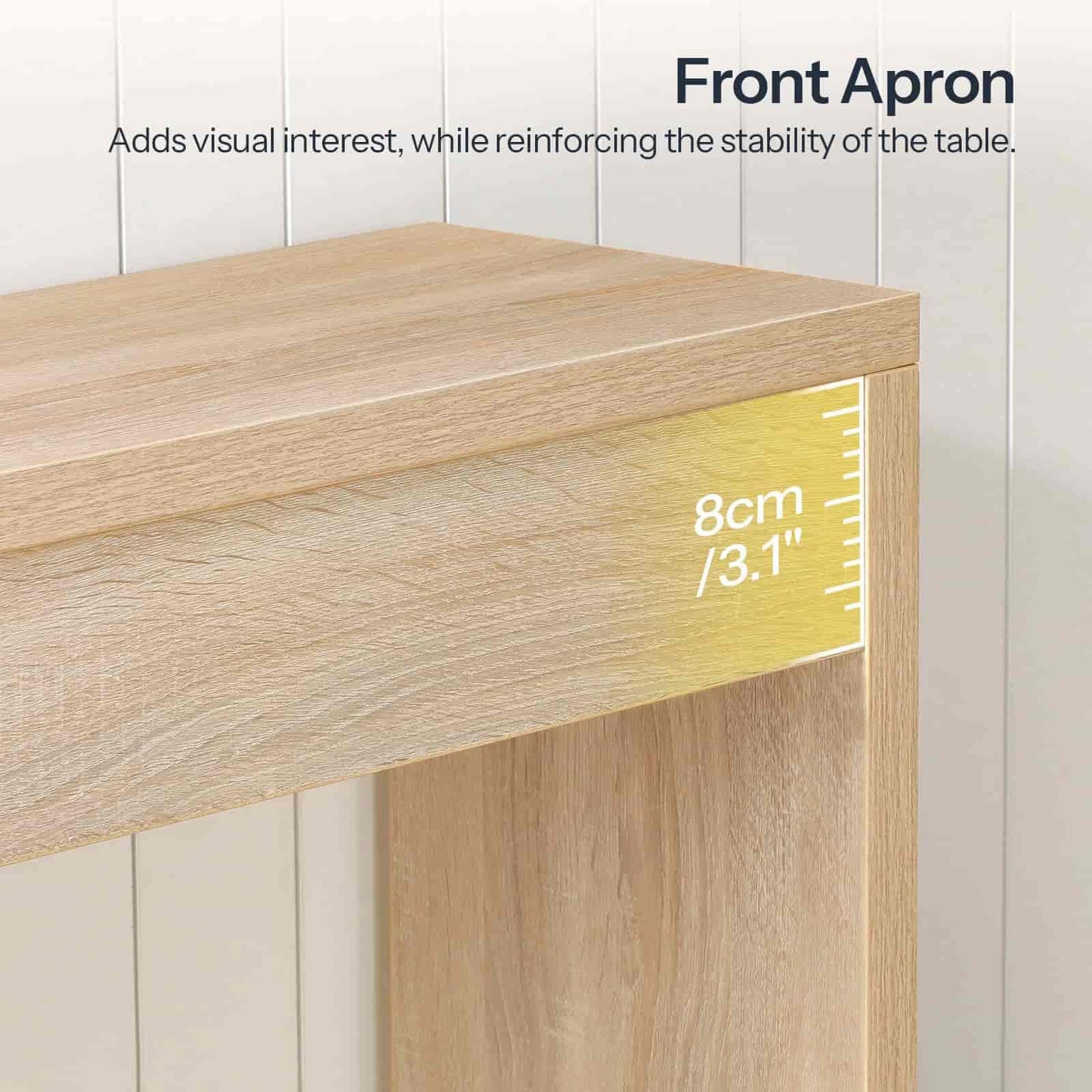 Wooden table with front apron detail, showing measurement of 8cm/3.1".