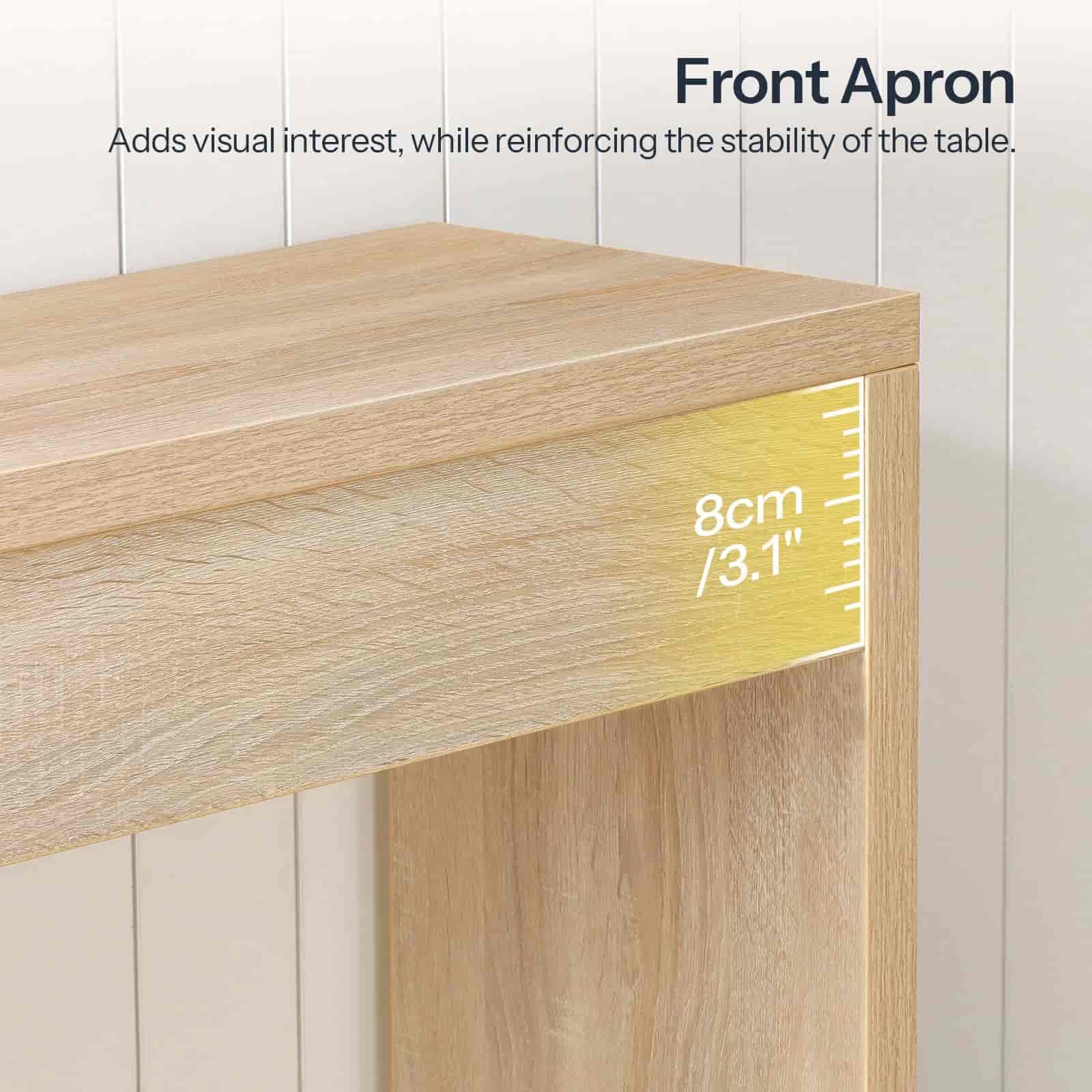 Wooden table with front apron detail, showing measurement of 8cm/3.1".