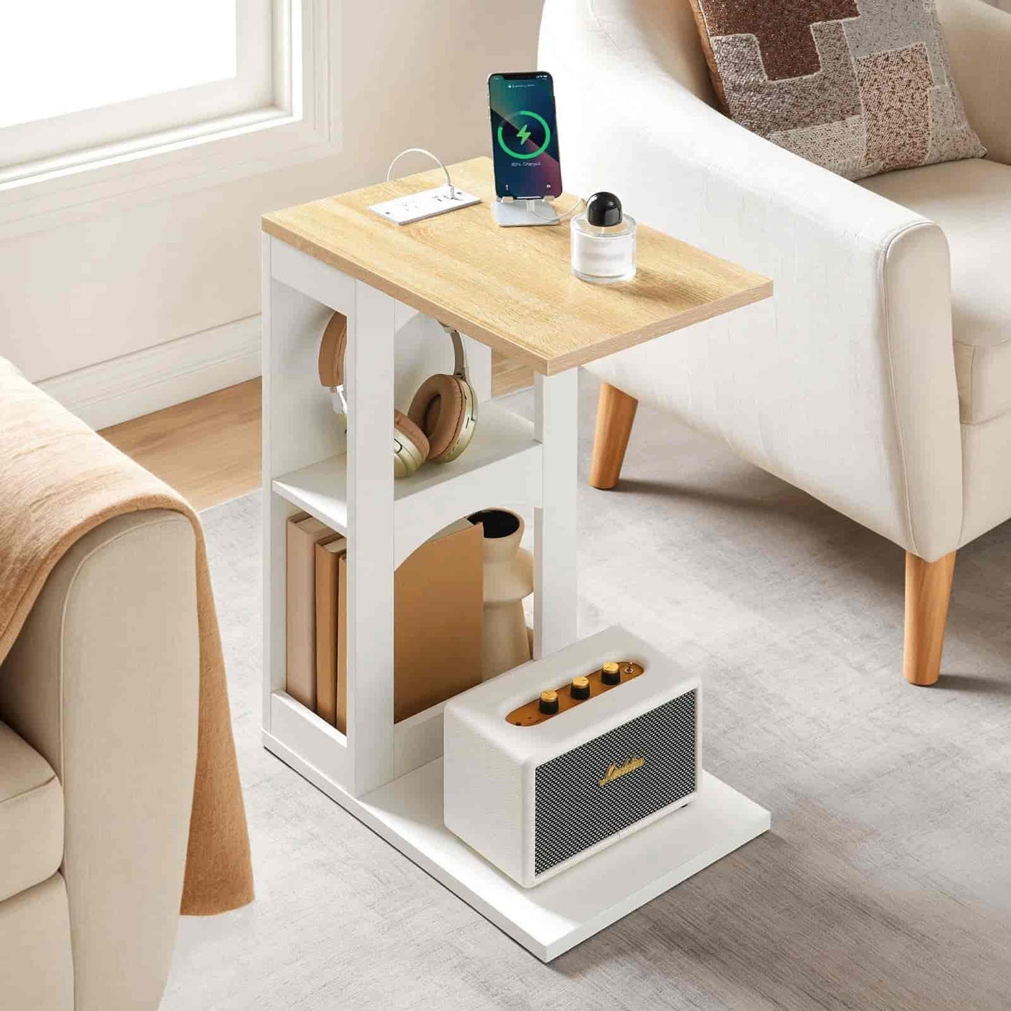 White side table with wooden top in a living room setting