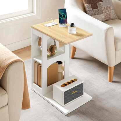 White side table with wooden top in a living room setting