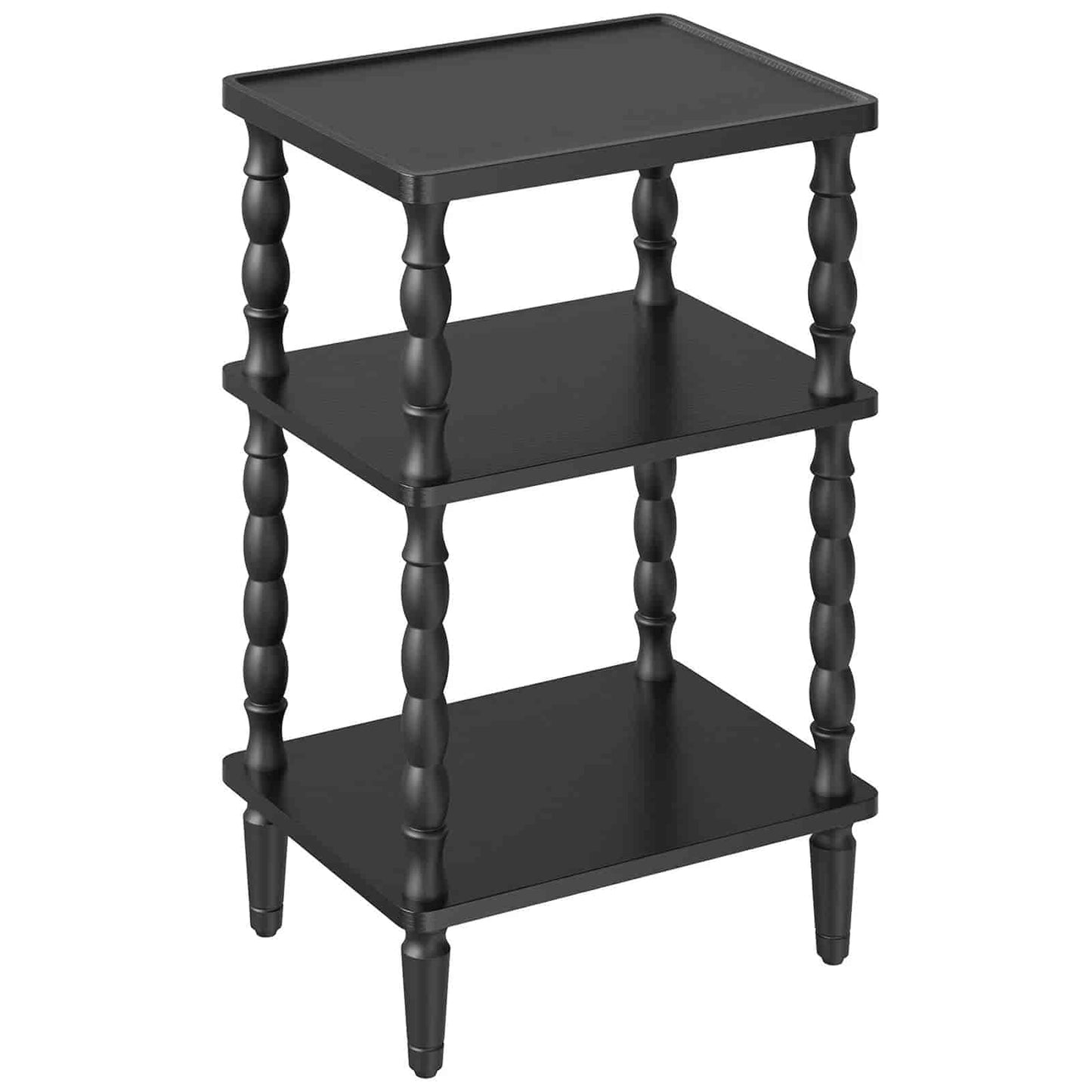 Black three-tiered side table on a white background