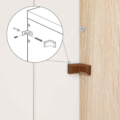 Brown corner bracket attached to a wooden surface with an inset diagram showing installation details.