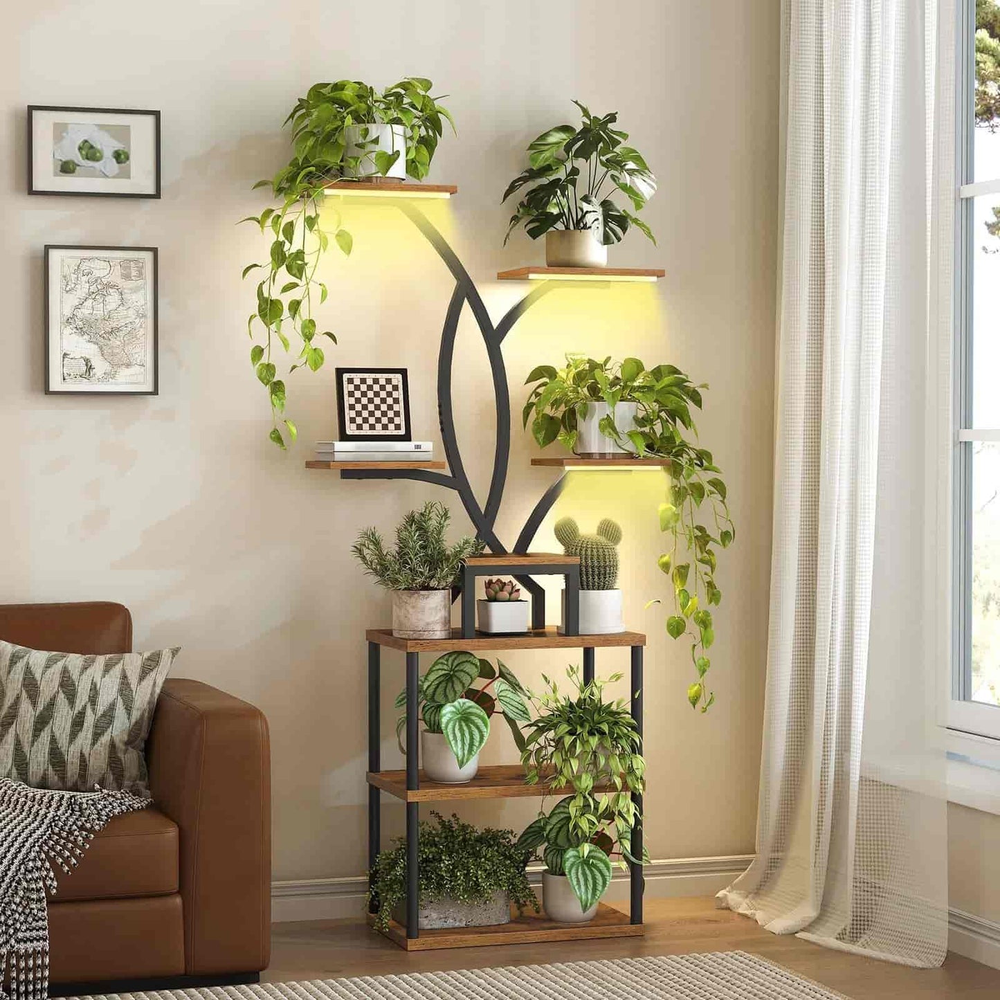 Room divider with plants in a living room setting