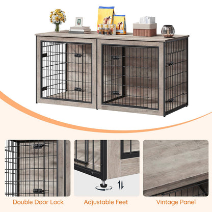 A pet playpen shown as a two-compartment cage with a rustic wood-look panel design and black metal wire grids. The main product photo is above a curved orange line, with three feature callout panels below labeled 'Double Door Lock,' 'Adjustable Feet,' and 'Vintage Panel.