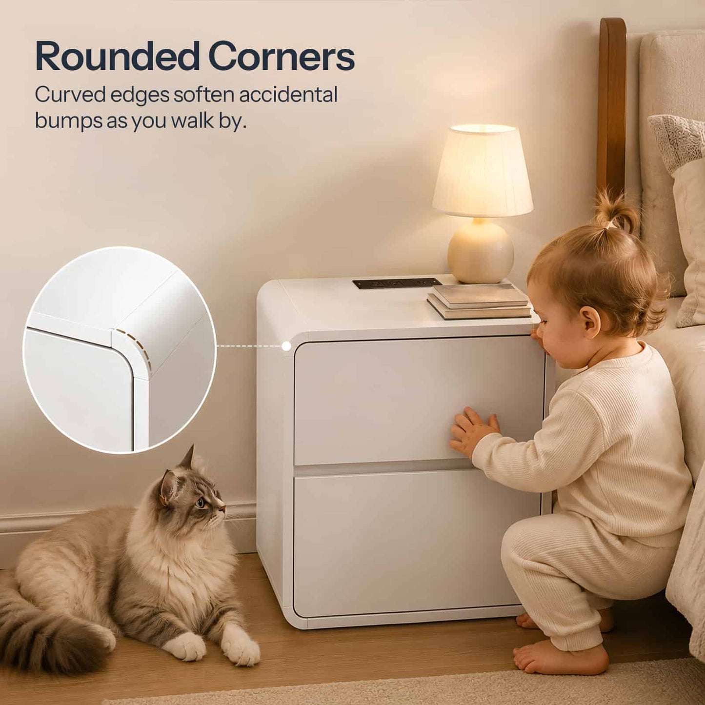 Child and cat interacting with a white dehumidifier in a bedroom setting, emphasizing rounded corners.