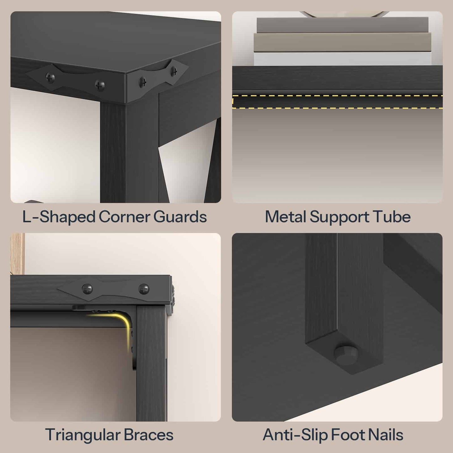 High-detail technical collage highlighting L-shaped corner guards, metal support tubes, triangle braces, and anti-slip footpads.