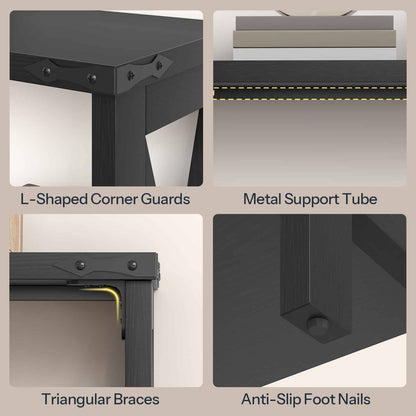 High-detail technical collage highlighting L-shaped corner guards, metal support tubes, triangle braces, and anti-slip footpads.