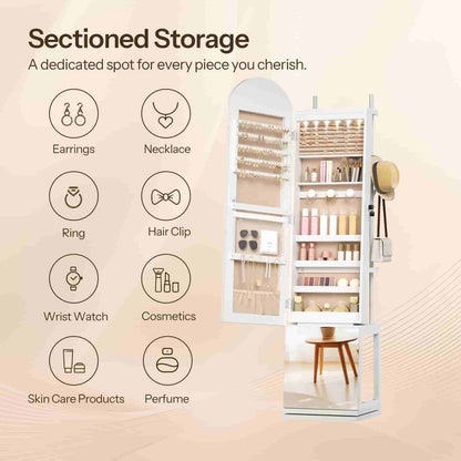 Icon list showing sectioned storage for rings, earrings, lipsticks, necklaces, cosmetics, and perfumes.