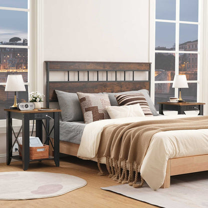 Full rustic master bedroom layout featuring a matching pair of square industrial farmhouse nightstands symmetrically framing a large wooden bed.