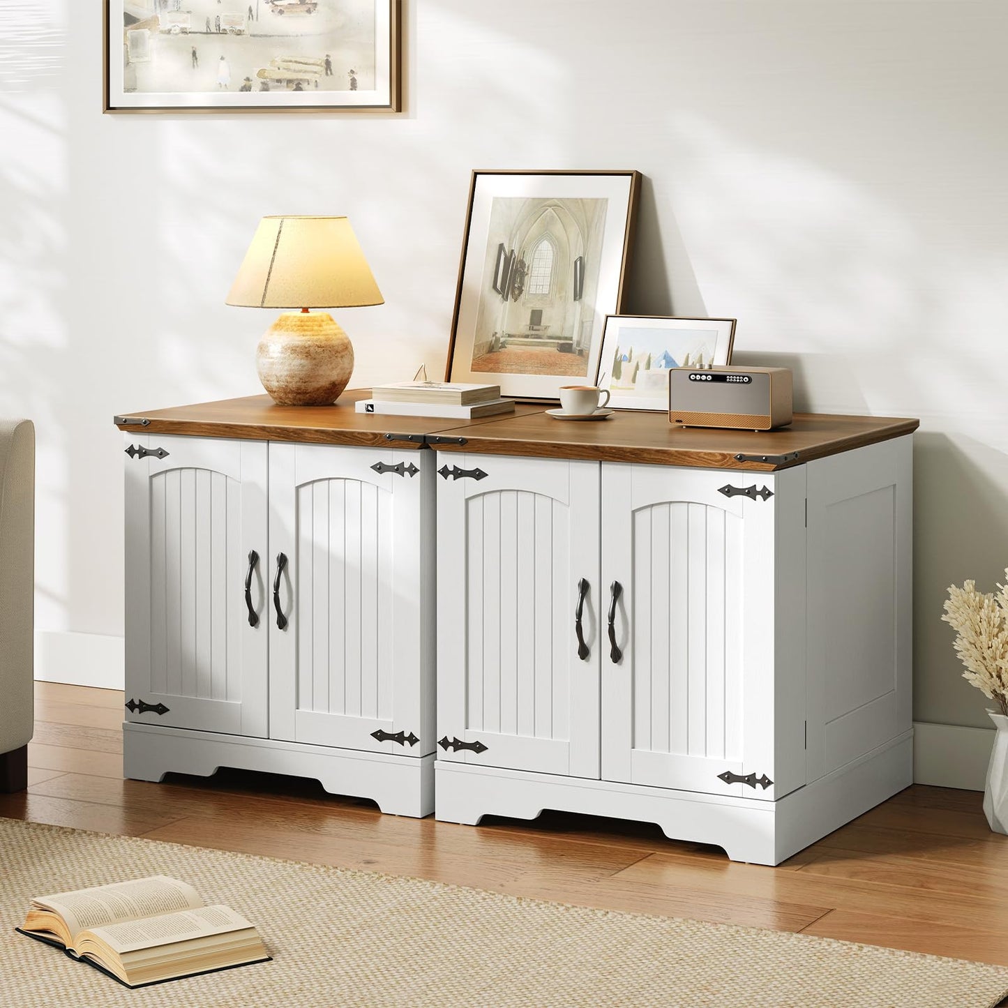 White sideboard with wooden top in a room setting