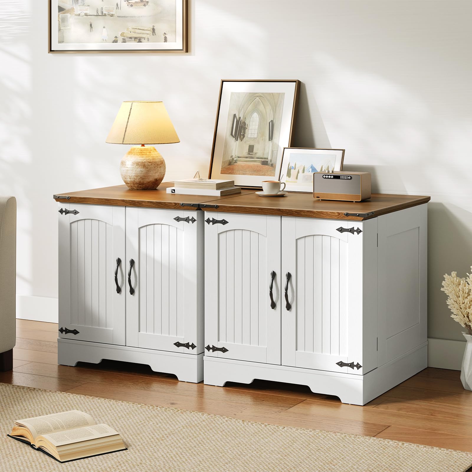 White sideboard with wooden top in a room setting
