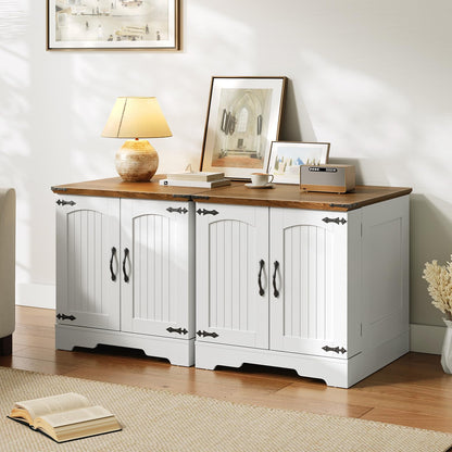 White sideboard with wooden top in a room setting