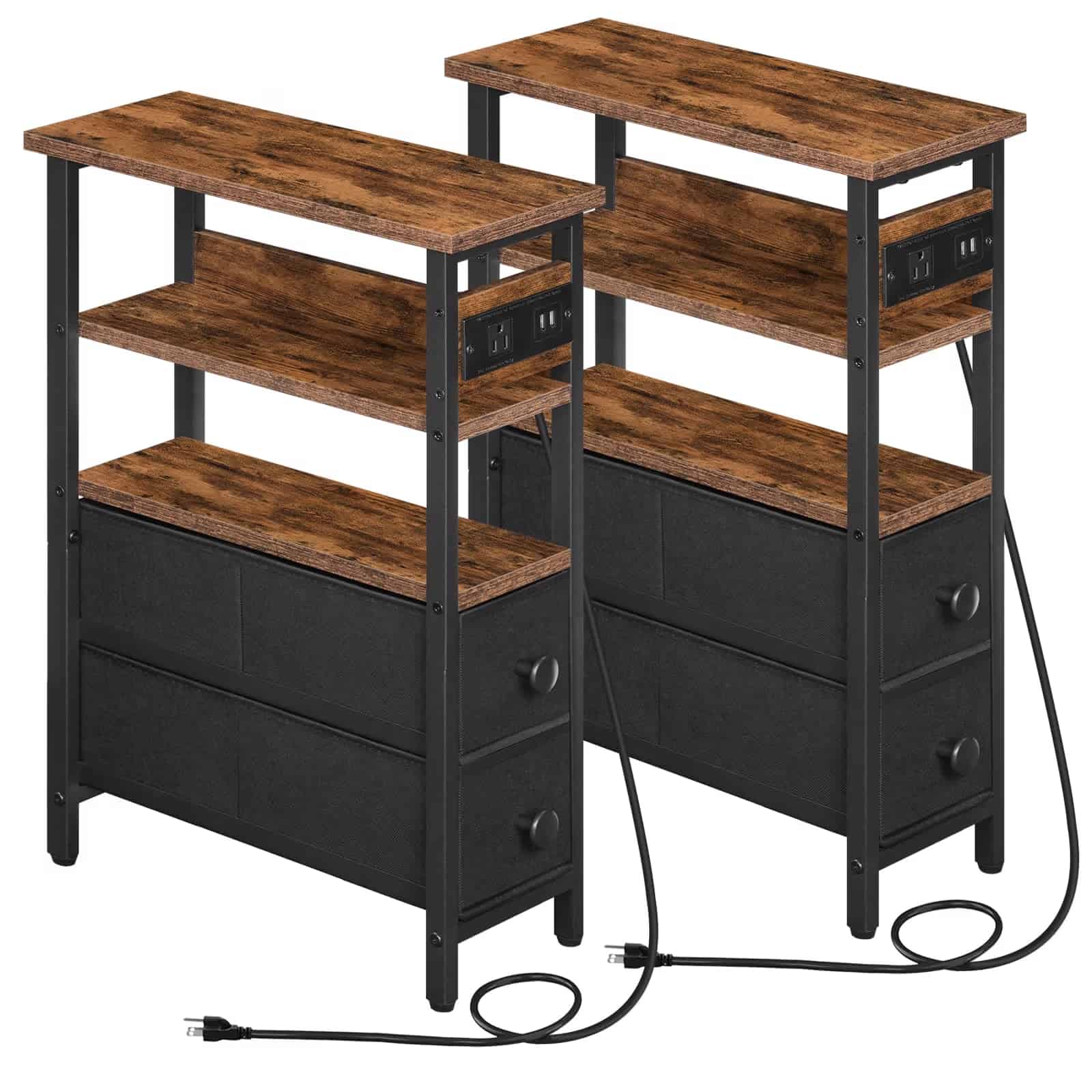 Set of two slim industrial bedside tables with brown wooden tops, black iron frames, and power cords.