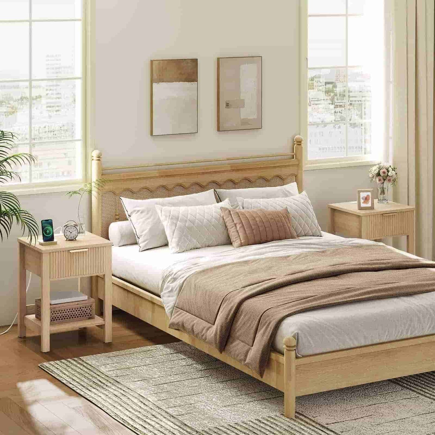 Bedroom with wooden bed and matching nightstands, light-colored walls and flooring.