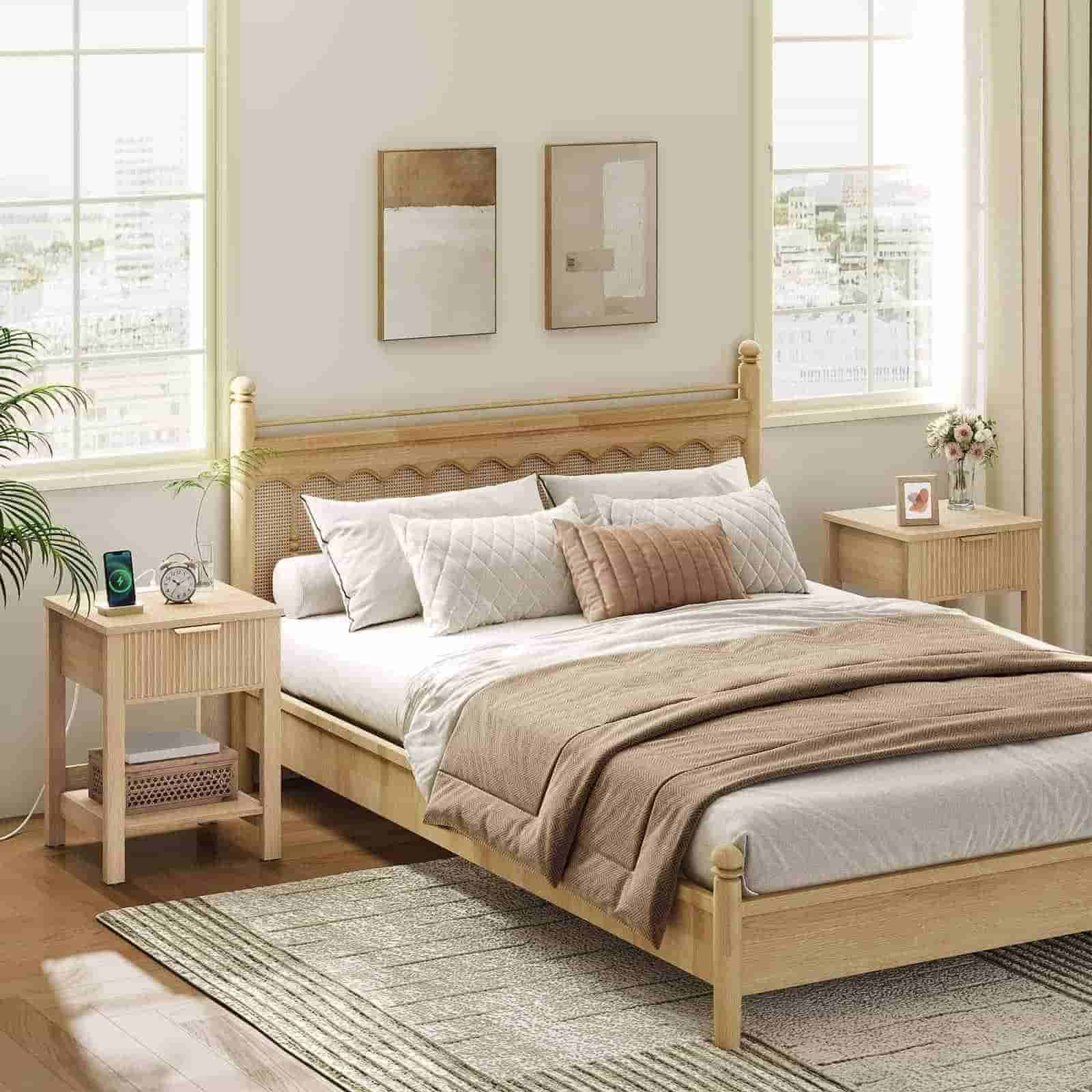 Bedroom with wooden bed and matching nightstands, light-colored walls and flooring.