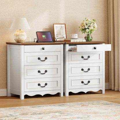 White dresser with wooden top in a room setting with decor items.