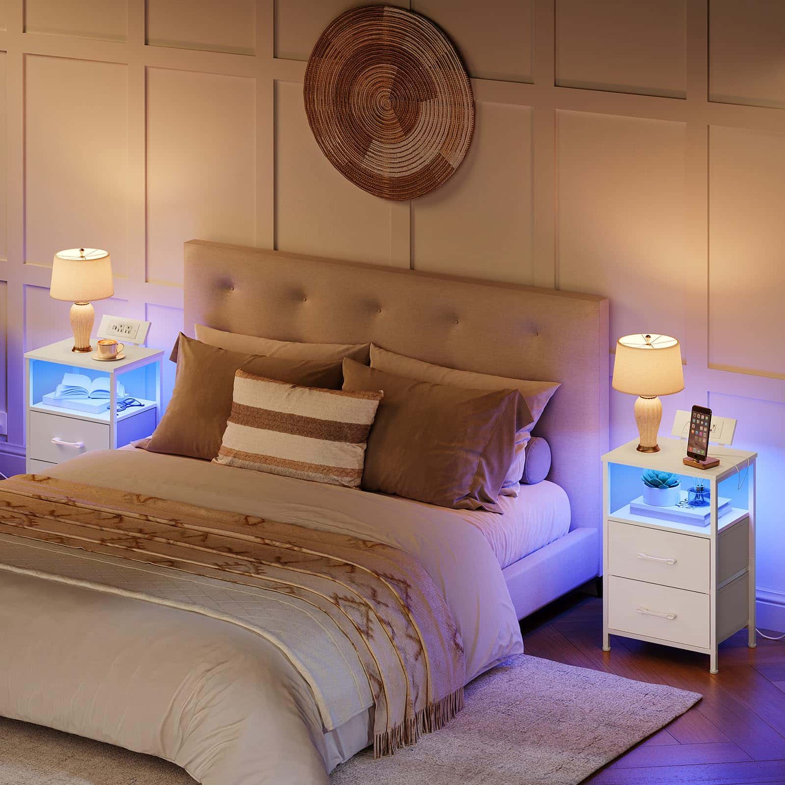 Neatly made bed with decorative pillows in a bedroom setting with two nightstands.