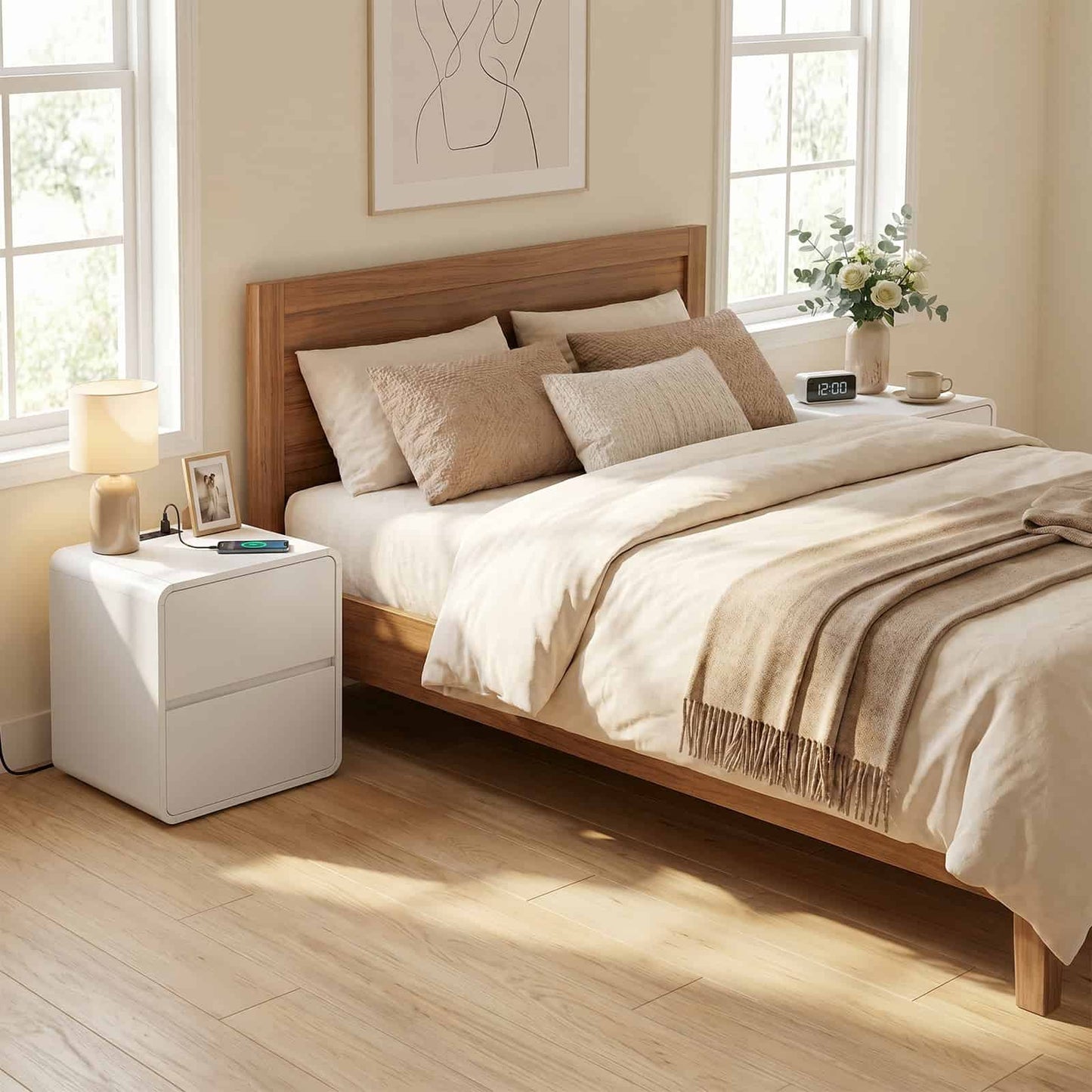 Neatly made bed with wooden headboard in a bright bedroom.