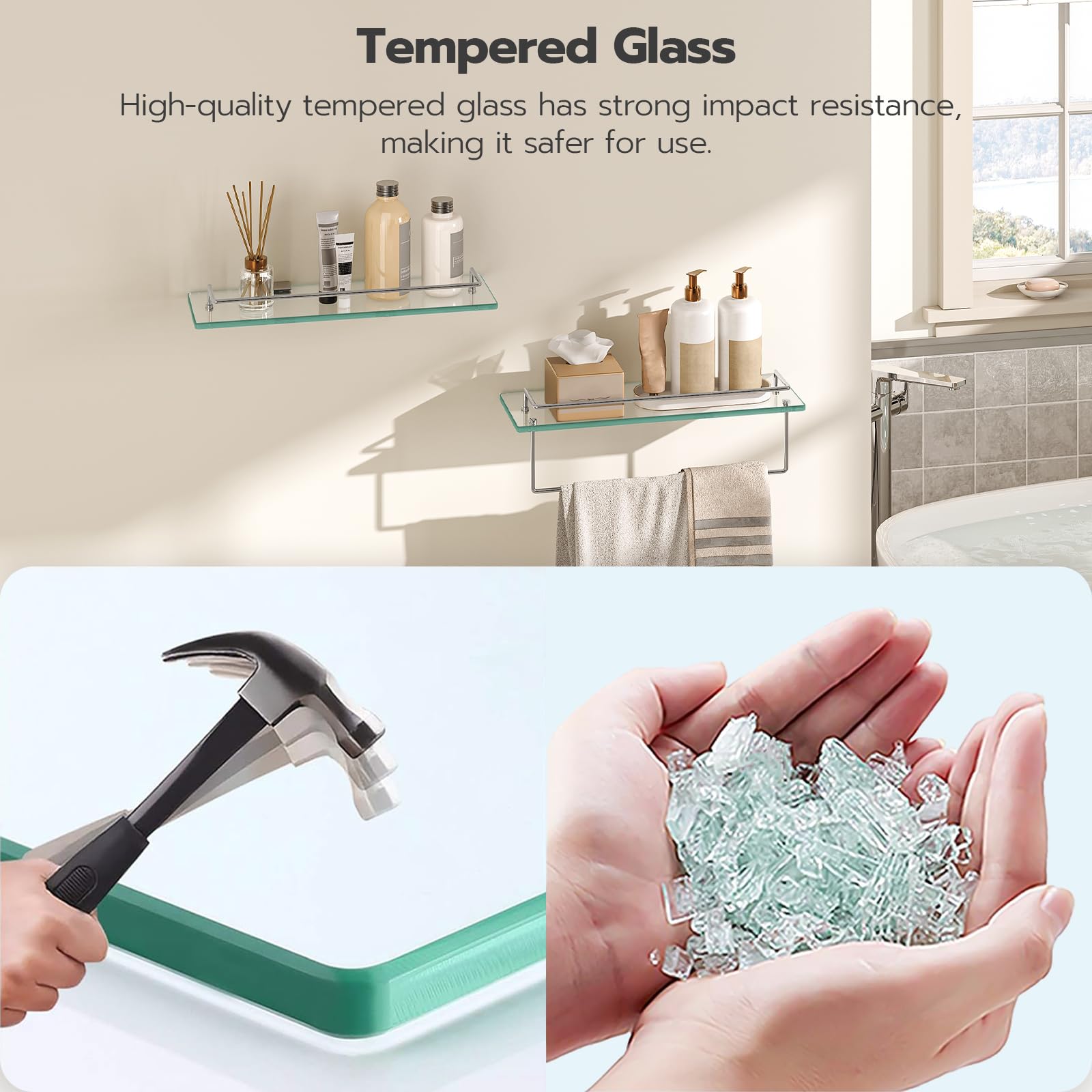Bathroom setting with tempered glass shelves and a demonstration of glass shattering.