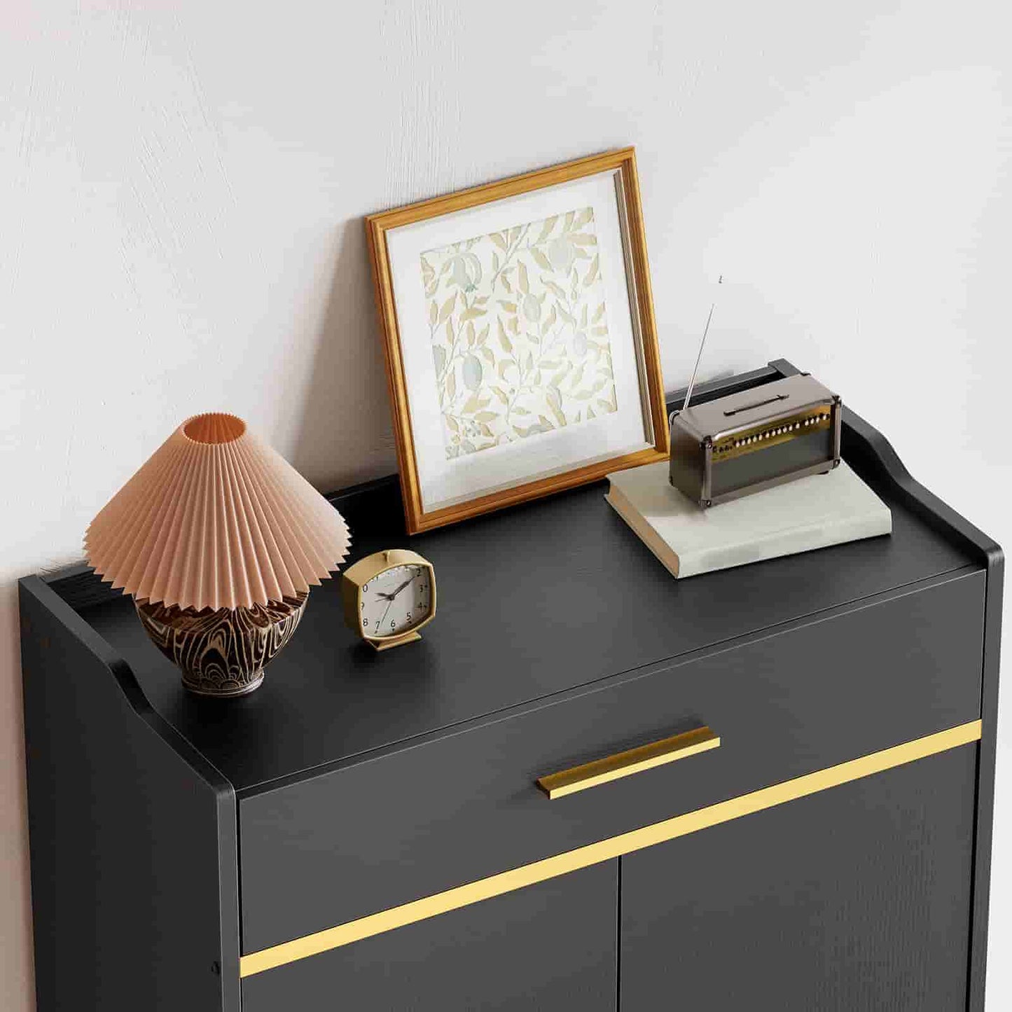 Top angled view of the shoe storage cabinet showcasing the spacious countertop with raised fences to prevent items from falling.