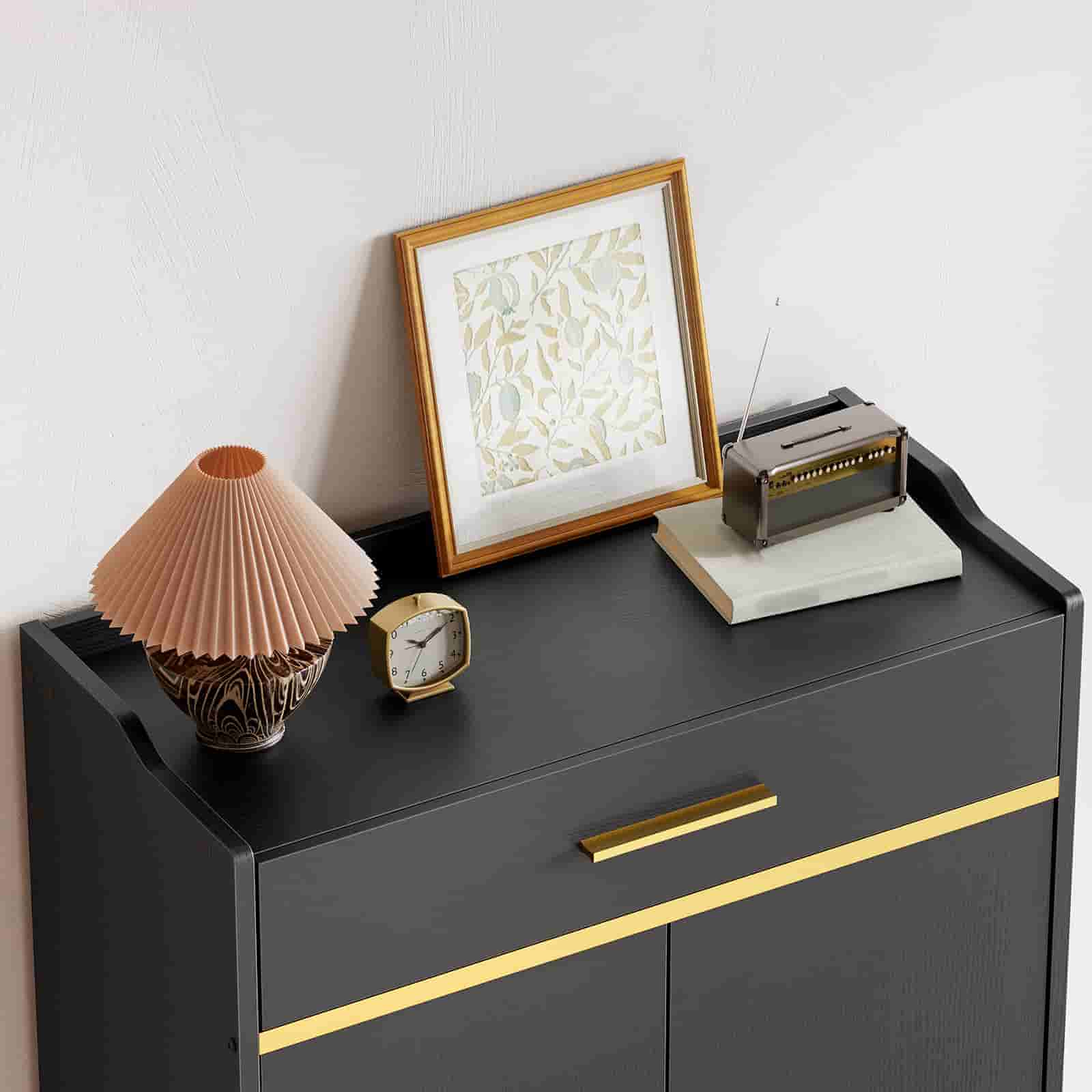 Top angled view of the shoe storage cabinet showcasing the spacious countertop with raised fences to prevent items from falling.
