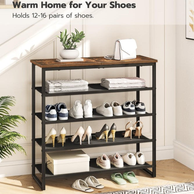 Shoe rack with various shoes on shelves in a home setting