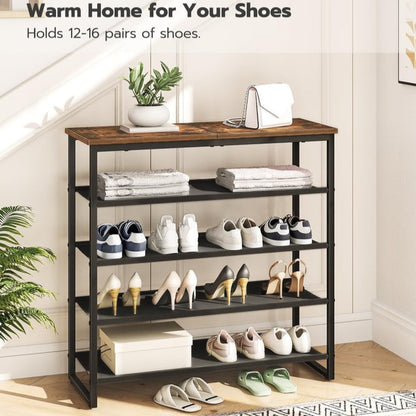 Shoe rack with various shoes on shelves in a home setting