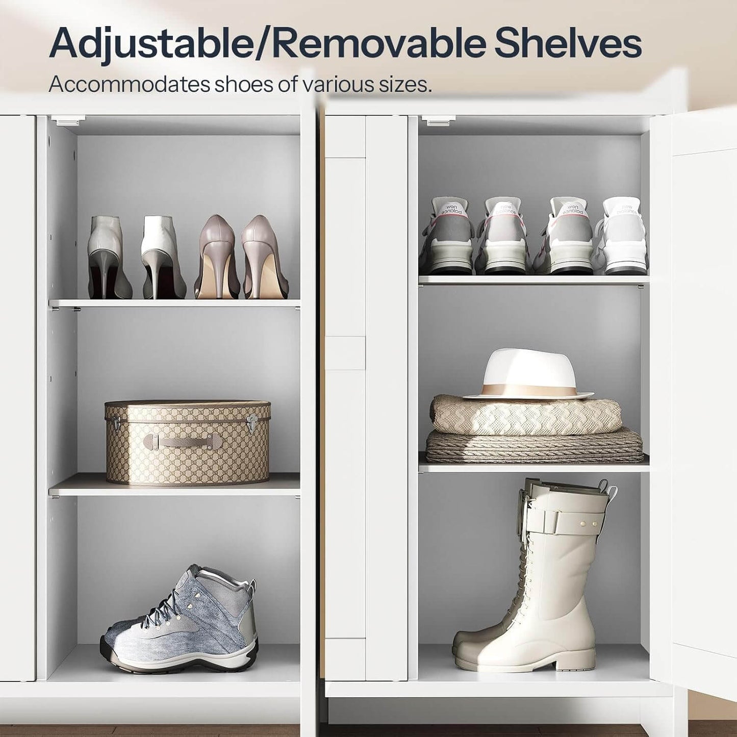 White shoe cabinet with adjustable/removable shelves holding various shoes and a hat.