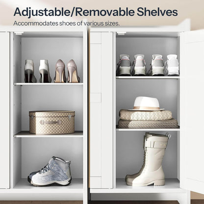 White shoe cabinet with adjustable/removable shelves holding various shoes and a hat.