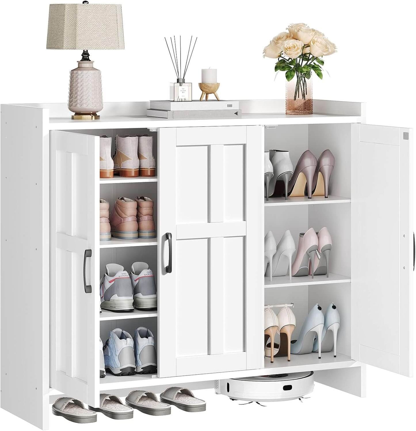 White shoe cabinet with open doors displaying various shoes on a white background