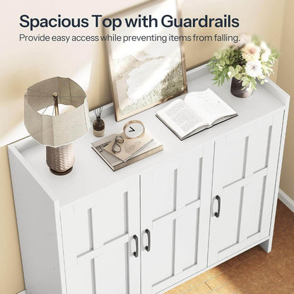 White cabinet with a spacious top and guardrails, featuring decor items.