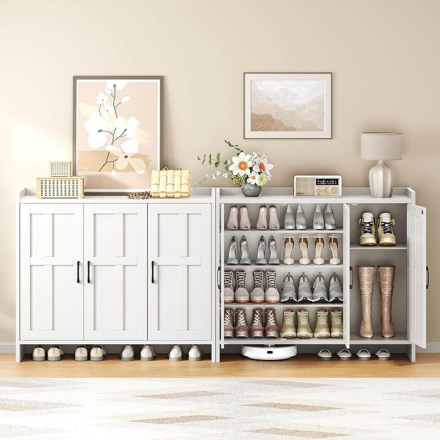 White shoe cabinet with multiple pairs of shoes on a wooden floor.