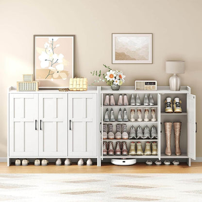 White shoe cabinet with multiple pairs of shoes on a wooden floor.