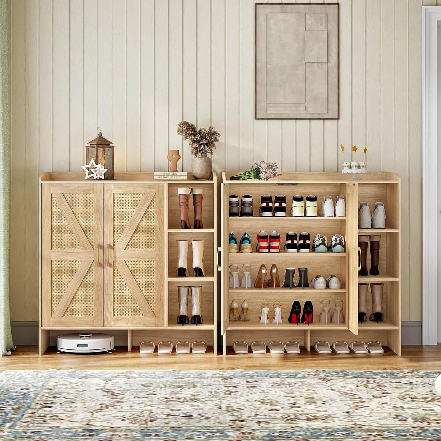 Wooden shoe cabinet with open doors displaying shoes, against a wall with decorative elements.
