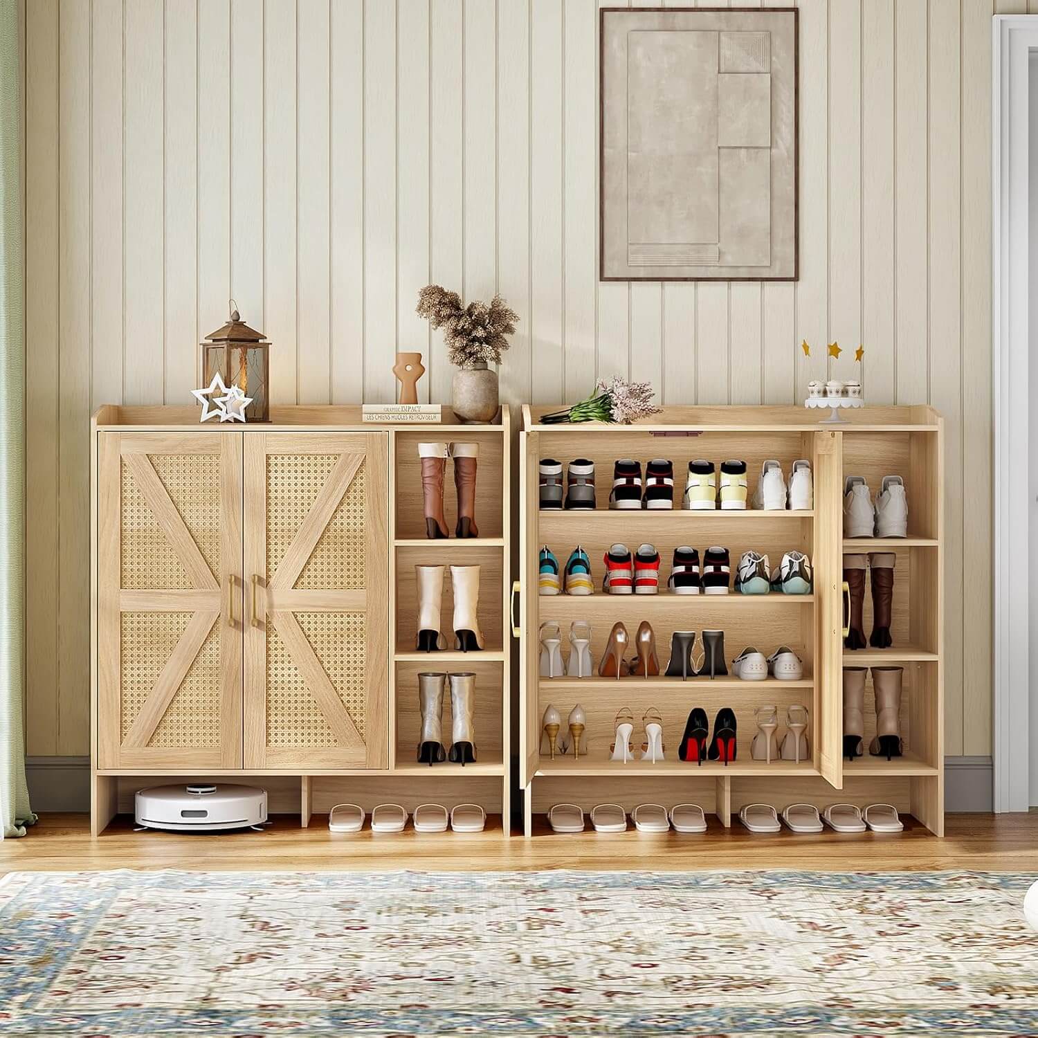 Wooden shoe cabinet with open doors displaying shoes, against a wall with decorative elements.