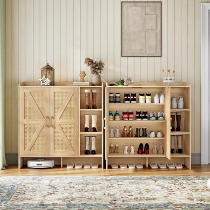 Wooden shoe cabinet with open doors displaying shoes, against a wall with decorative elements.