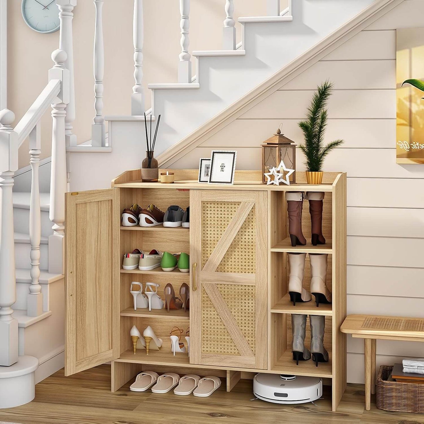 Wooden shoe cabinet under a staircase with shoes and decor items on shelves.