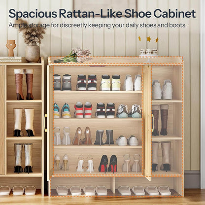 Spacious rattan-like shoe cabinet with shoes on shelves against a neutral wall.