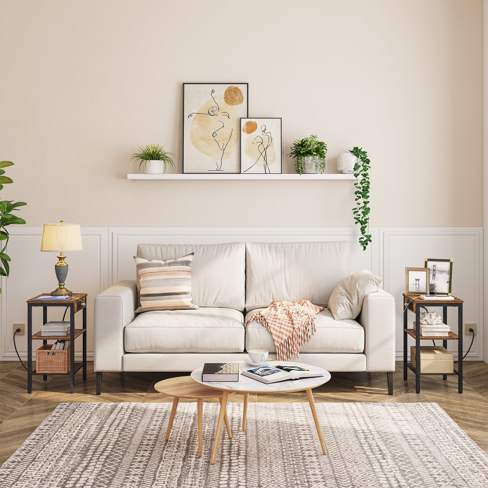 Modern living room with a beige sofa, coffee table, and decorative items.