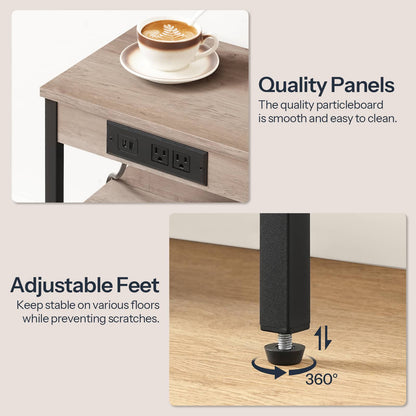 Product detail shots highlighting the high quality greige wood panels and adjustable leveling feet.