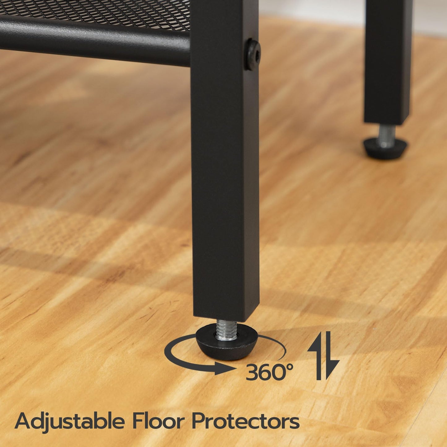 Black adjustable floor protector on a chair leg on a wooden floor with text indicating 360-degree rotation.