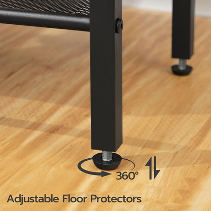 Black adjustable floor protector on a chair leg on a wooden floor with text indicating 360-degree rotation.