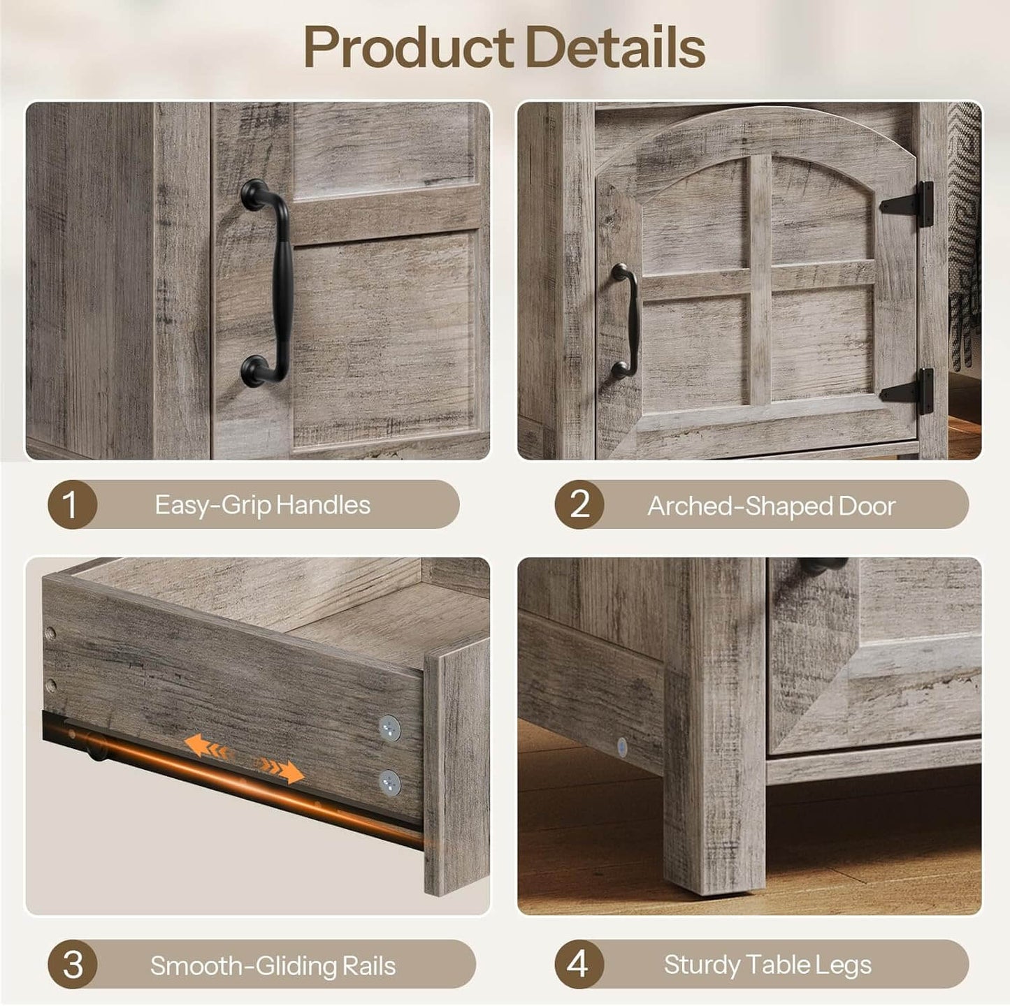 Wooden furniture with features highlighted on a beige background