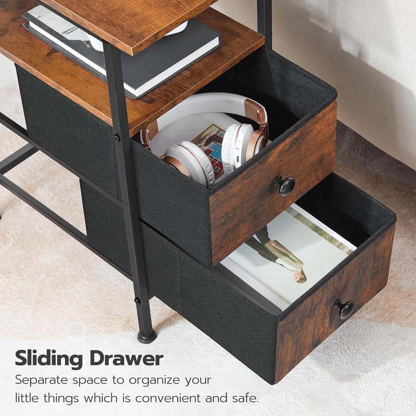 Wooden shelf with sliding drawer containing books and a box, on a light-colored floor.