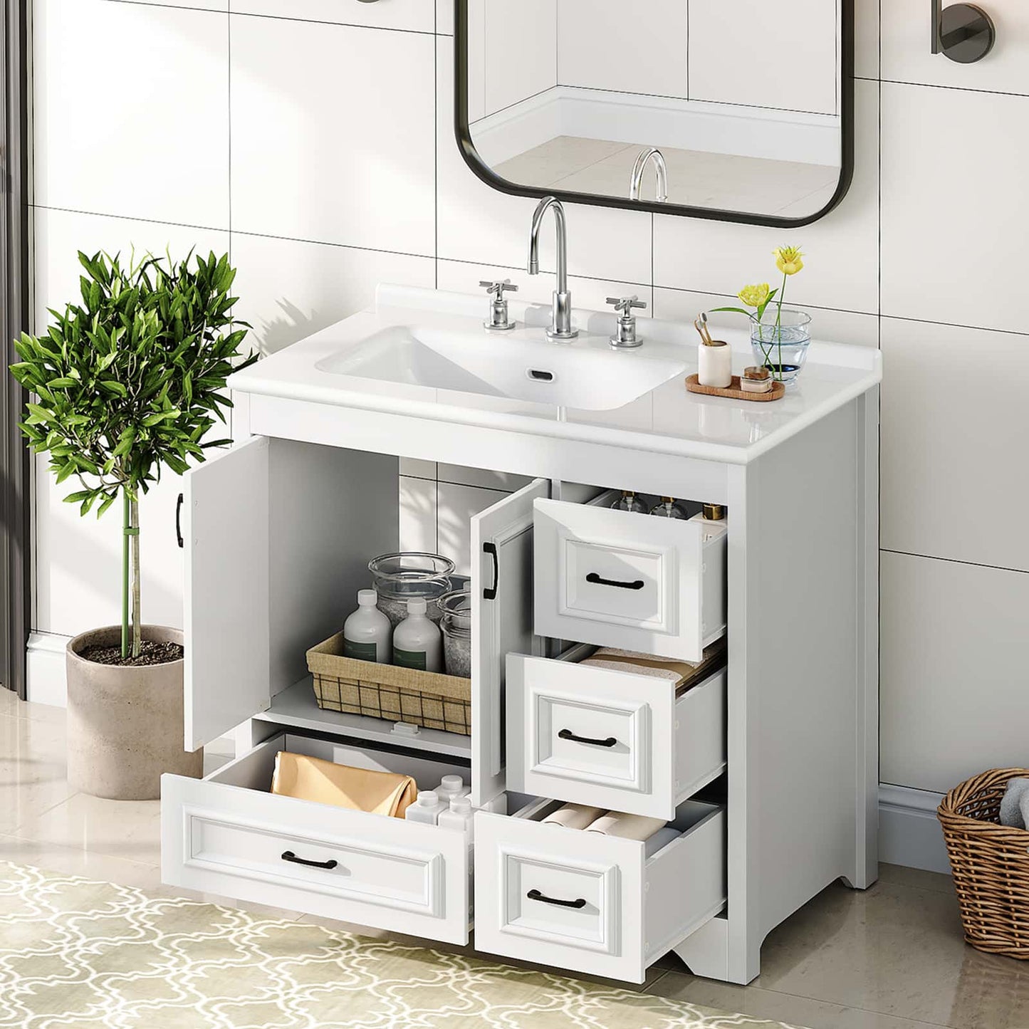 White bathroom vanity cabinet with an integrated white sink, chrome faucet, three upper drawers, and two lower drawers, shown in a bright tiled bathroom setting with a plant and mirror.