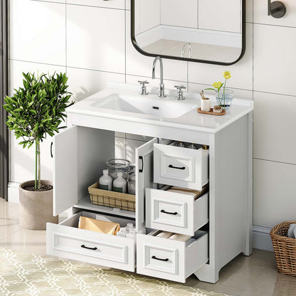 White bathroom vanity cabinet with an integrated white sink, chrome faucet, three upper drawers, and two lower drawers, shown in a bright tiled bathroom setting with a plant and mirror.