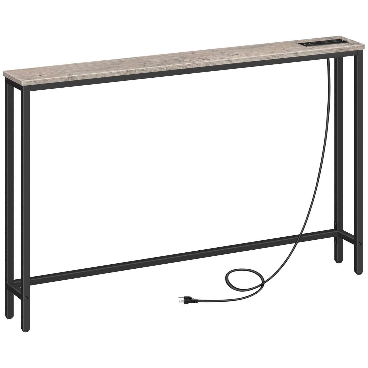 Long narrow table with a power cord on a white background